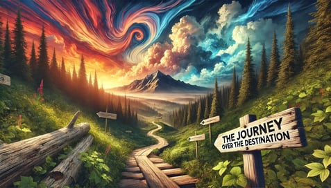 DALL·E 2024-12-26 19.07.13 - A visually striking artistic representation of the phrase The Journey Over The Destination. The image shows a winding path through a lush forest lea